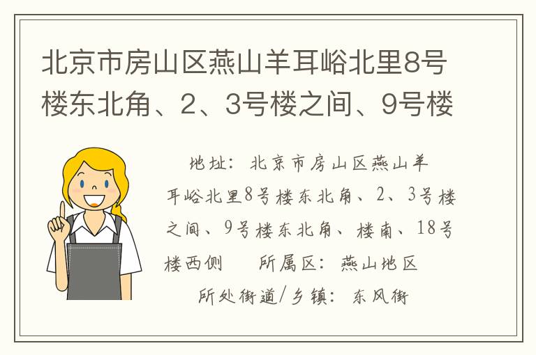 北京市房山區燕山羊耳峪北里8號樓東北角、2、3號樓之間、9號樓東北角、樓南、18號樓西側
