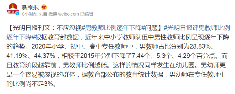 教師行業(yè)“陰盛陽衰”，男教師比例逐年下降，鐵飯碗為何不香了？