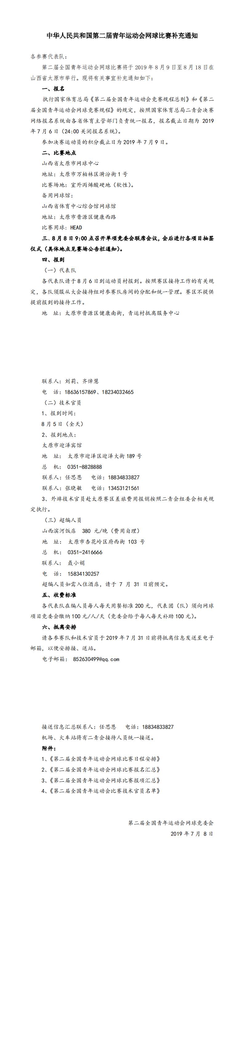 中華人民共和國第二屆青年運動會網球比賽補充通知