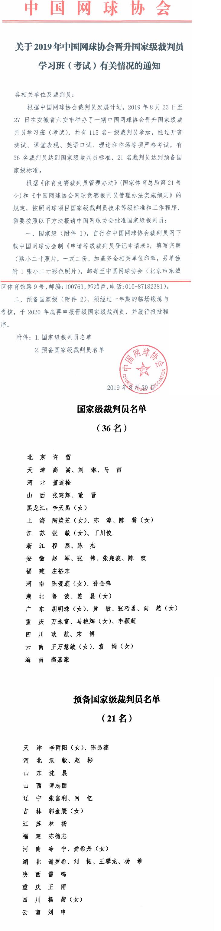 關于2019年中國網球協會晉升國家級裁判員學習班（考試）有關情況的通知