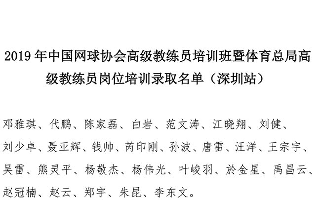 2019年中國(guó)網(wǎng)球協(xié)會(huì)高級(jí)教練員培訓(xùn)班暨體育總局高級(jí)教練員崗位培訓(xùn)錄取名單（深圳站）