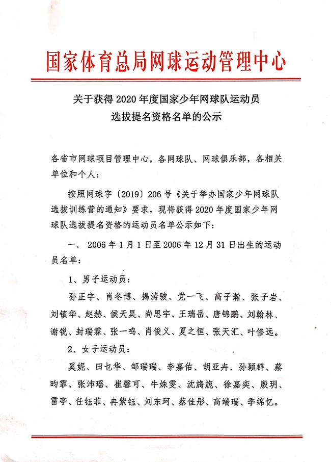 關于獲得2020年度國家少年網球隊運動員選拔提名資格名單的公示
