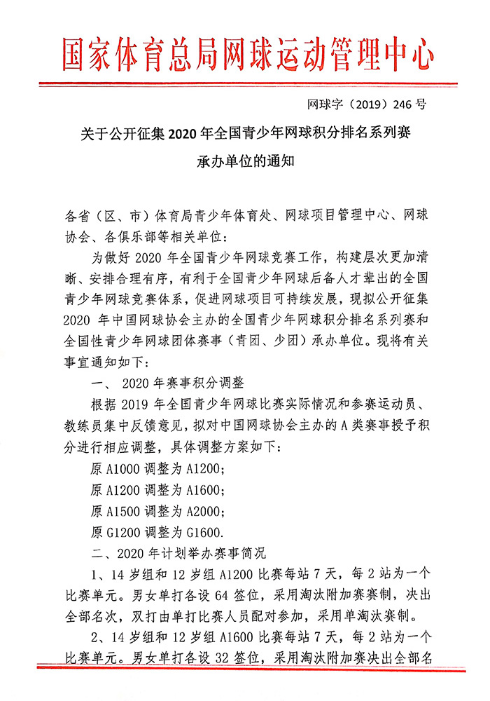 關于公開征集2020年全國青少年網球積分排名系列賽承辦單位的通知