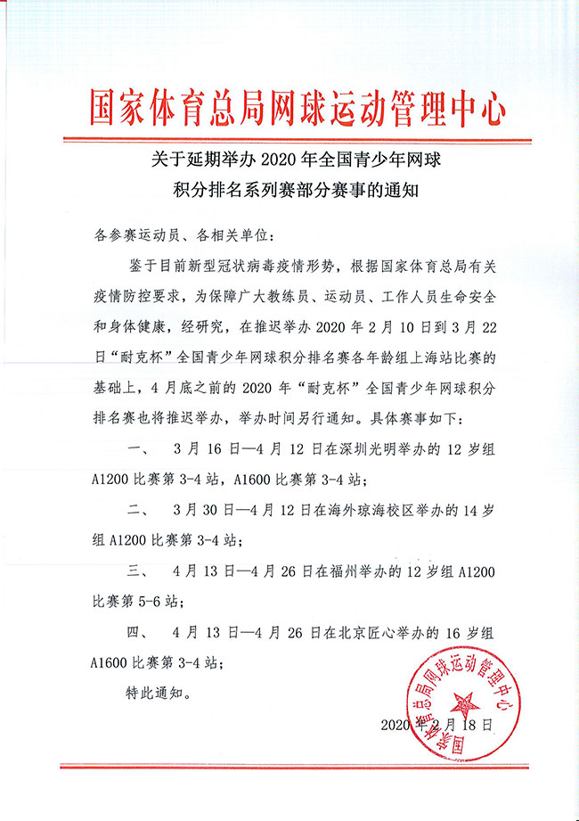 關于延期舉辦2020年全國青少年網球積分排名系列賽部分賽事的通知