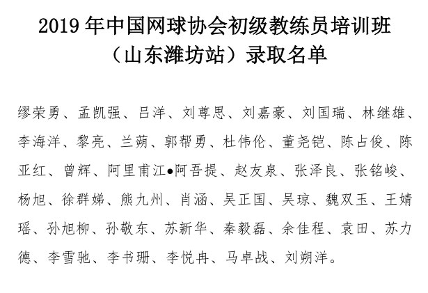 2019年中國網球協會初級教練員培訓班（山東濰坊站）錄取名單